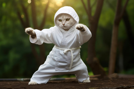Karate Master White Cat dressed in white practice uniform Showcasing Karate Skills in Forest. Kitty practicing Martial Arts. Concept of strengthening the spirit and body, self-development. Cute kittenの素材