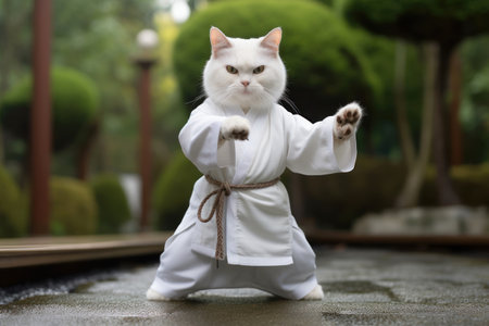 Karate Master White Cat dressed in white practice uniform Showcasing Karate Skills in park. Kitty practicing Martial Arts. Concept of strengthening spirit and body, self-development. Funny animalsの素材