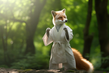 Karate Master Red Fox dressed in white practice uniform Showcasing Karate Skills in green forest. Fox practicing Martial Arts. Concept of strengthening spirit and body, self-development. Funny animalsの素材
