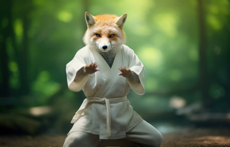 Karate Master Red Fox dressed in white practice uniform Showcasing Karate Skills in green forest. Fox practicing Martial Arts. Concept of strengthening spirit and body, self-development. Cute animalの素材