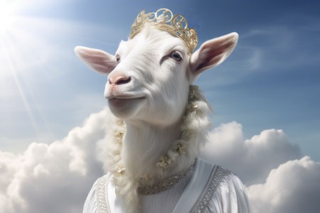 Majestic White Goat Adorned with Crown and Necklace dressed in white toga, illuminated by rays of sun on background of blue sky and clouds. Goat angel. Religious animal. Religion and ascension conceptの素材