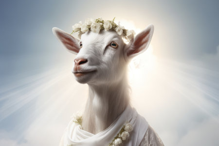Majestic White Goat Adorned with wreath and halo dressed in white toga, illuminated by rays of sun on background of blue sky. Goat angel. Religious animal. Religion and ascension conceptの素材
