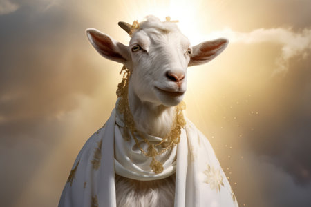 Majestic White Goat Adorned with Necklace dressed in white toga, illuminated by rays of sun against background of yellow sky and clouds. Goat angel. Religious animal. Religion and ascension conceptの素材