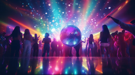 Out of focus people dance on the dance floor in a nightclub. Disco interior in neon colors and a glowing disco ball in the center. Disco 80s. Retro vintage styleの素材