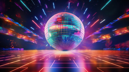 Glowing Disco Ball in a Vibrant Nightclub. Disco Ball Reflecting Neon Lights. Retro-Future Party. Modern Club. Futuristic Dance Floorの素材