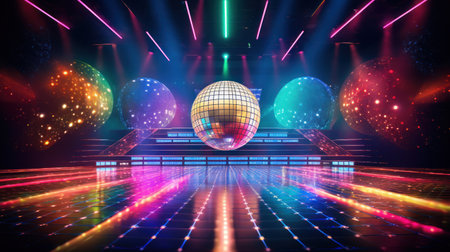 Glowing Disco Balls in a Vibrant Nightclub. Disco Balls Reflecting Neon Lights. Retro-Future Party. Modern Club. Futuristic Dance Floor. Stage of the 70s eraの素材