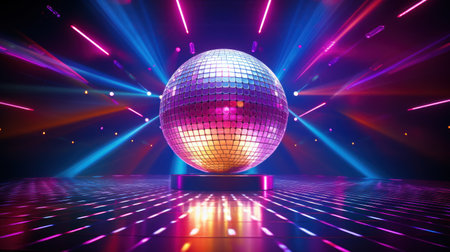 Glowing Disco Ball in a Vibrant Nightclub. Disco Ball Reflecting Neon Lights. Retro-Future Party. Modern Club. Futuristic Dance Floor. Stage of the 70s eraの素材