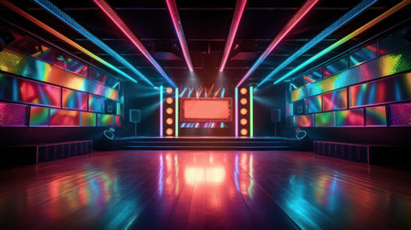 Vibrant and colorful stage with bright lights and a futuristic design. Concert stage with neon lights and a dazzling display. Modern Night Club. Futuristic Dance Floor.の素材