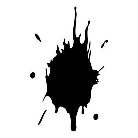 Ink blot. Abstract stain with drops and splashes. Black paint splatter. Vector illustration isolated on a white background. Liquid dirty inkblot. Grunge style. Design elementのイラスト素材