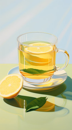Refreshing Lemon Green Tea. Transparent cup of tea with slice of lemon and mint on light green background. Healthy drink rich in vitamin C. Copy space. Vertical format. For advertising, food blogの素材
