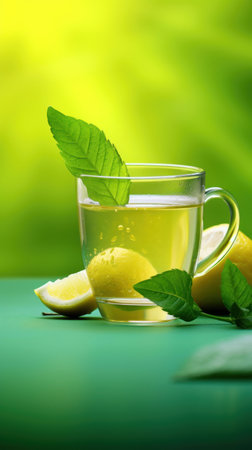 Refreshing Lemon Green Tea. Transparent cup of tea with slice of lemon and mint on vibrant green background. Healthy drink rich in vitamin C. Copy space. Vertical format. For advertising, food blogの素材