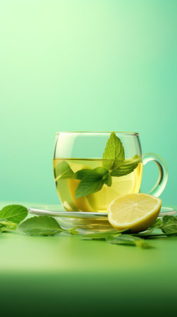 Herbal tea with lemon. Mint or lemon balm tea in a transparent cup on a light green background. Lemon and mint leaves. A healthy drink rich in vitamin C. Ideal for detox. Vertical format. Copy spaceの素材