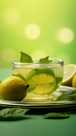 Lemon water with mint in a transparent cup on a light green background. A healthy drink, rich in vitamin C. Lemon and mint leaves. Ideal for detox. Vertical format. Copy spaceの素材