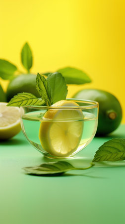 Lemon water with mint in transparent cup on a light green background. A healthy drink, rich in vitamin C. Lemon and mint leaves. Ideal for detox. Vertical format. Copy spaceの素材