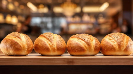 Bread. Loaves of freshly baked white bread in row on table. On blurred background of bakery or store. With copy space. Delicious food. For food blog, advertising, bakehouse, cafe, supermarketの素材