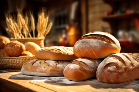 Homemade Bread Loaves and Rolls with Wheat Stalks in the blurred Background. With copy space. Delicious healthy organic bread. For food blog, bakery, advertising, cafe, supermarket, banner, posterの素材