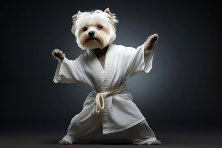 Kung fu master terrier dog dressed in white practice Gi in Kung fu Pose. Dark background. Doggy practicing Martial Arts. Concept of strengthening spirit and body, self-development. Funny animalsの素材