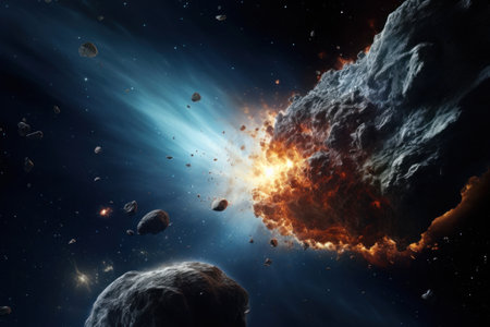 Cosmic Catastrophe. Asteroid Collision in Outer Space. Fiery explosion and flash. Flying comet or meteorite in space. Mysterious space and science fiction conceptの素材