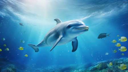 Playful dolphin swimming amidst vibrant tropical fish in a sunlit ocean. Animal in its natural habitat. The beauty of nature. Concept of freedom and beauty of wild animalの素材