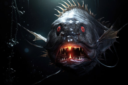 Menacing deep-sea fish with glowing red eyes and sharp teeth lurking in the dark underwater abyss. Angler fish. Fantastic aquatic creature. Mysterious underwater world.の素材