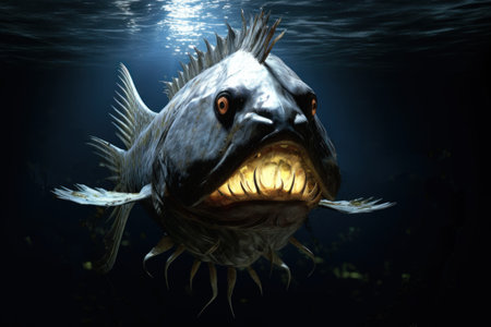 Menacing deep-sea fish with sharp teeth lurking in the dark underwater abyss. Angler fish. Mysterious aquatic creature. Underwater world.の素材