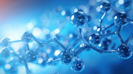 Molecular structure of water. Blue Water Molecules. Abstract of atomic Structures in Futuristic Design. Science or medical background. Copy Spaceの素材