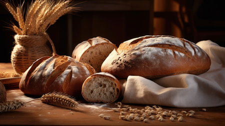 Homemade bread on rustic table on a dark background. Delicious freshly baked white bread from organic whole grain wheat flour. Healthy food. For food blog, recipe book, bakery, cafe, marketの素材