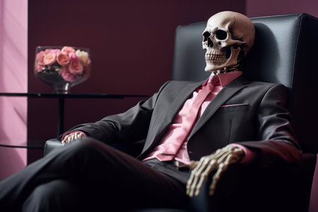 Stylish male skeleton in black suit, comfortably seated in luxurious chair, with a vase of beautiful roses in background. With copy space. Big boss. Fashionable skeleton businessman. Funny characterの素材