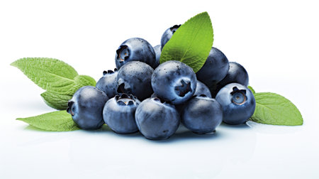 Fresh Blueberry on White Background. Close up of Blue berries with green leaves. Delicious healthy dessert rich in vitamins and minerals. Organic eco product. For label, poster, brochure, food blogの素材