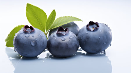 Fresh Blueberry on White Background. Close up of Blue berries with green leaves and water drops. Healthy dessert rich in vitamins and minerals. Organic product. For label, poster, brochure, food blogの素材