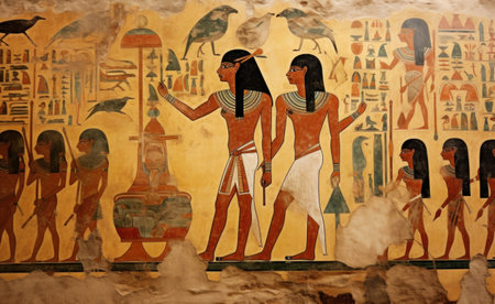 Ancient Egyptian mural. Depicting scenes from the life of the ancient Egyptians. Egyptian wall painting. Ancient culture and mythologyの素材