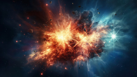 Galactic Blaze. Explosions in space with fiery flashes. A digital art representation of a cosmic burst. Big cosmic explosion in space against the background of stars and galaxies.の素材