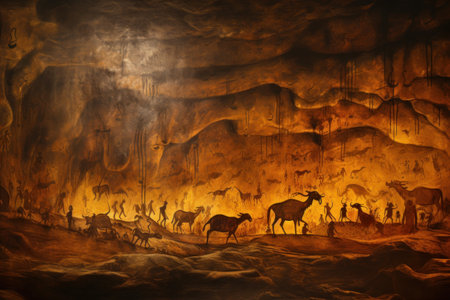 Cave painting. Cave Wall Chronicles. Stories Told Through Primitive Ancient Art. Old rock paintings of primitive people. Stone Age. History and archaeology. Art and drawings of cavemen.の素材