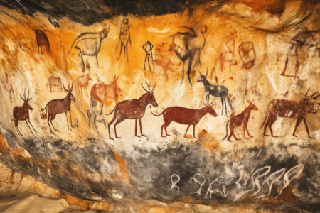 Cave painting. Cave Wall Chronicles. Stories Told Through Primitive Ancient Art. Old rock paintings of primitive people. Stone Age. Art and drawings of cavemen. History and archaeology.の素材