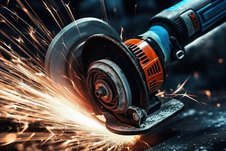 Angle Grinder at Work in Industrial Setting. Cutting Metal. Sparks Fly from Angle Grinder. Close-up. For banners, posters, advertisement brochures, business cards, design projectsの素材