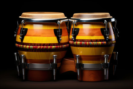 Two conga drums on dark background. Traditional percussion musical instrument of Afro-Cuban and Latin American culture. Suitable for music-related projects and cultural designs.の素材