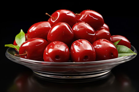 Fresh bright Jujube fruit on plate on dark background. Sweet and nutritious Ziziphus. Chinese red date fruit. Perfect for food-related projects, healthy snacks concepts, culinary designs, food blogsの素材
