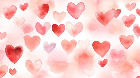 Hearts. A romantic background filled with pink and red watercolor hearts, perfect for Valentines Day. Hand drawn illustration. For card, banner, greeting, print, packaging design, wrapping paper.の素材