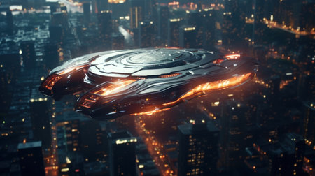 UFO ?lose-up with radiant lights hovering over city under night sky. Futuristic alien spaceship. Perfect for projects exploring extraterrestrial themes, science fiction, and unknown. Sci-fi concept.の素材