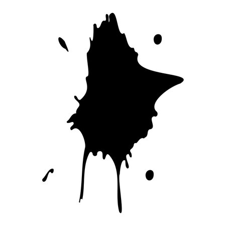 Ink blot. Abstract stain with drops and splashes. Black paint splatter. Vector illustration isolated on a white background. Liquid dirty inkblot. Grunge style. Design elementのイラスト素材