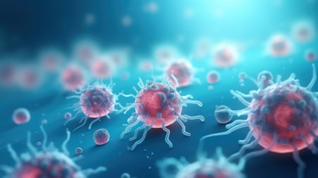 Viruses and bacteria under a microscope. Cancer cells that cause cancer in human body. Macro. A terrible disease of humanity. Science, medicine and immunology concept. Medical background.の素材