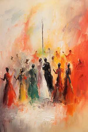 Lot of people, group of people. Style of impressionism and oil painting. Metaphorical associative card on theme of crowd. Psychological abstract picture. Postcard, wall decoration, book illustrationの素材