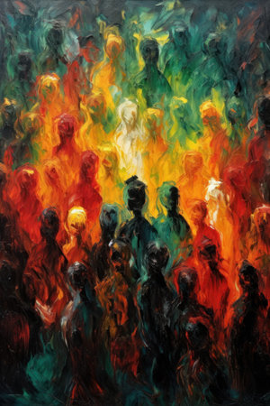 A lot of people, group of people. Style of impressionism and oil painting. Metaphorical associative card on theme of crowd. Psychological abstract picture. Postcard, wall decoration, book illustrationの素材