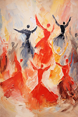 People dancing round dance. In style of impressionism and oil painting. Metaphorical associative card on theme of fun. Psychological abstract picture. Postcard, wall decoration, book illustration.の素材