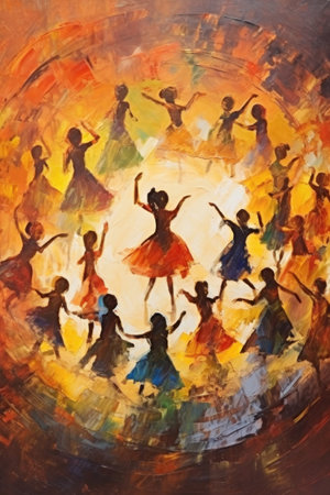 People dancing round dance. Style of impressionism and oil painting. Metaphorical associative card on theme of fun. Psychological abstract picture. Postcard, wall decoration, book illustration.の素材