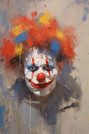 Evil clown. In style of impressionism and oil painting. Metaphorical associative card on theme of fear. Psychological abstract picture. Postcard, wall decoration, book illustration.の素材