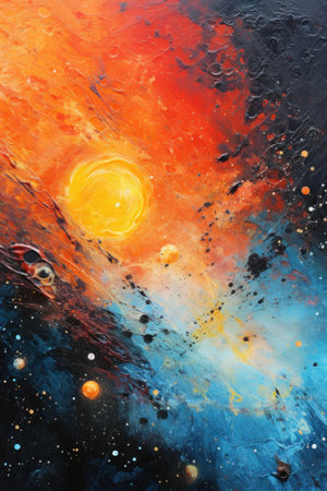 Outer space with stars, planets and galaxies. In style of impressionism and oil painting. Metaphorical associative card. Psychological abstract picture. Postcard, wall decoration, book illustration.の素材
