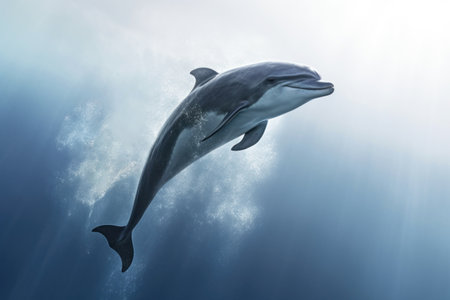 Dolphin swims in depths of ocean. Animal in its natural habitat. The beauty of nature. Concept of freedom and beauty of wild animals. Ideal for background, postcard, banner, poster.の素材