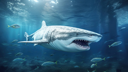 Great White Shark in its Natural Habitat in Blue Ocean Depths. Oceanic Predator. Open mouth with many teeth. Beautiful majestic animal of seas and oceans. Concept of beauty and wealth of nature.の素材