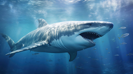 Great White Shark in its Natural Habitat in Blue Ocean Depths. Oceanic Predator. Open mouth with many teeth. Beautiful majestic animal of the seas. Concept of beauty and wealth of nature.の素材